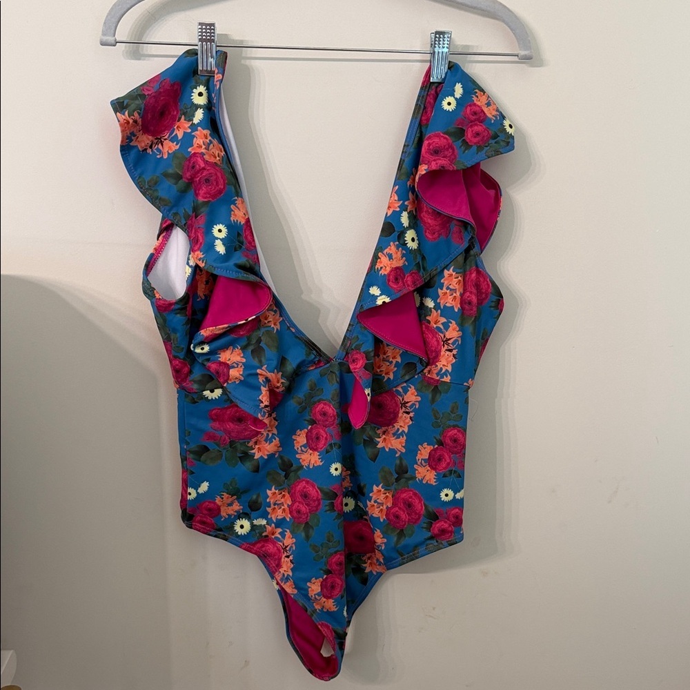 SHEIN Floral Ruffle Deep V One-Piece Swimsuit - Teal & Fuchsia size S NWOT